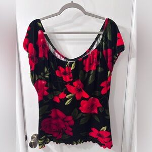 Romantic Red Floral Velvet Off Shoulder Blouse